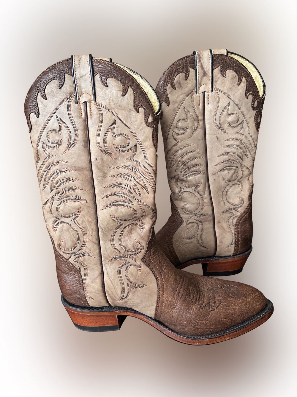 Boulet Western Men’s Cowboy Boots Brown Cream Leather Size 8D Made in Canada